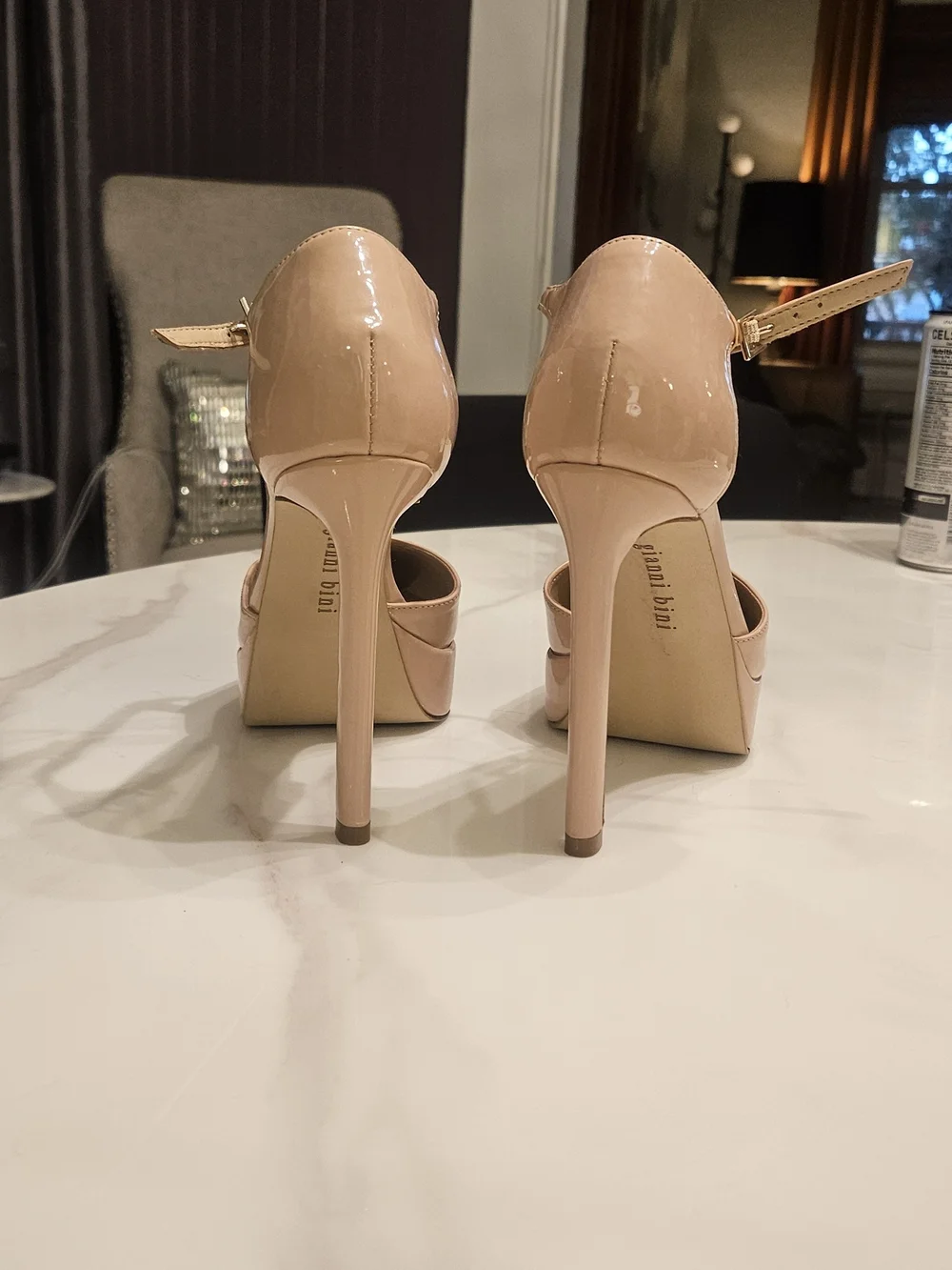 Gianni Bini Patent Nude T-Strap Platform Pumps